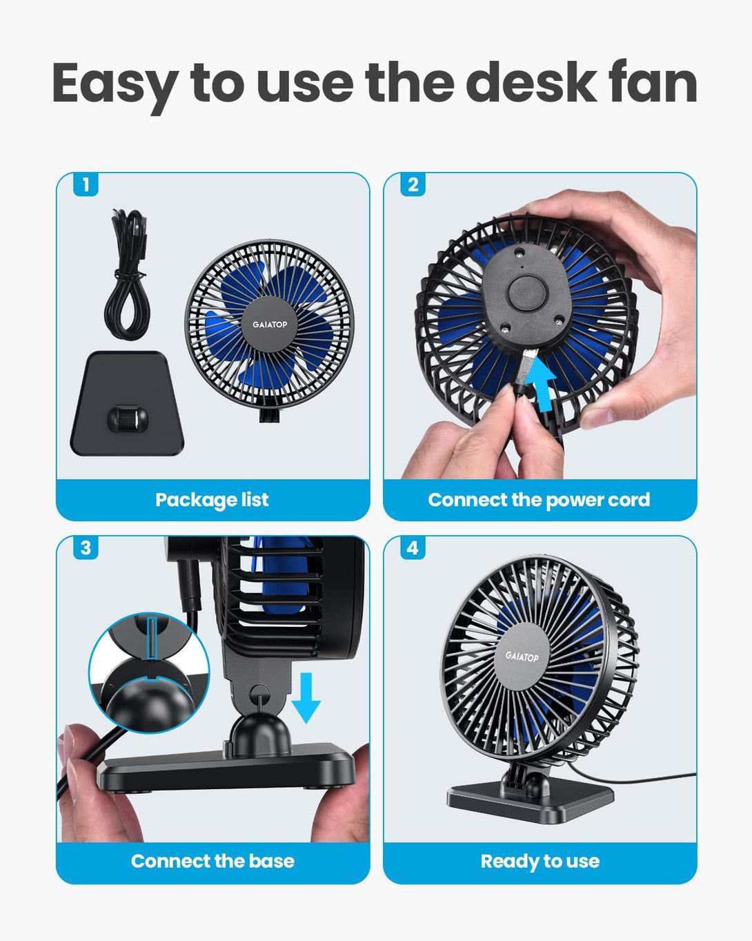 Gaiatop USB Desk Fan, Small but Powerful, Personal Portable Quiet 3 Speeds, Adjustable Mini Table Desktop Fan for Cooling Home Office Car Summer Travel Gifts Blue