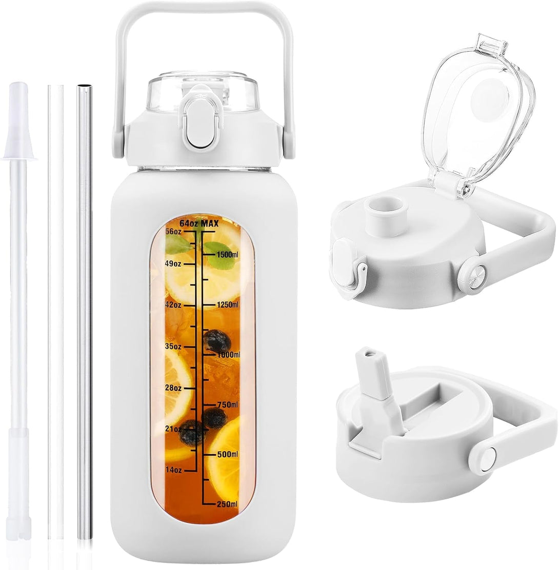 64 Oz Glass Water Bottle with Straw and 2 Lids, Half Gallon Water Bottle with Sleeve, Large Insulated 2 Liter Glass Water Jug Time Marker with Handle