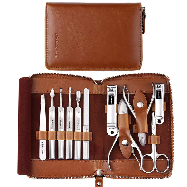 FAMILIFE Manicure Set, Professional Manicure Kit Nail Clippers Set 11 in 1 Stainless Steel Pedicure Tools Kit Nail Kit Men Grooming Kit with Portable Brown Leather Travel Case Luxury Gifts for Him