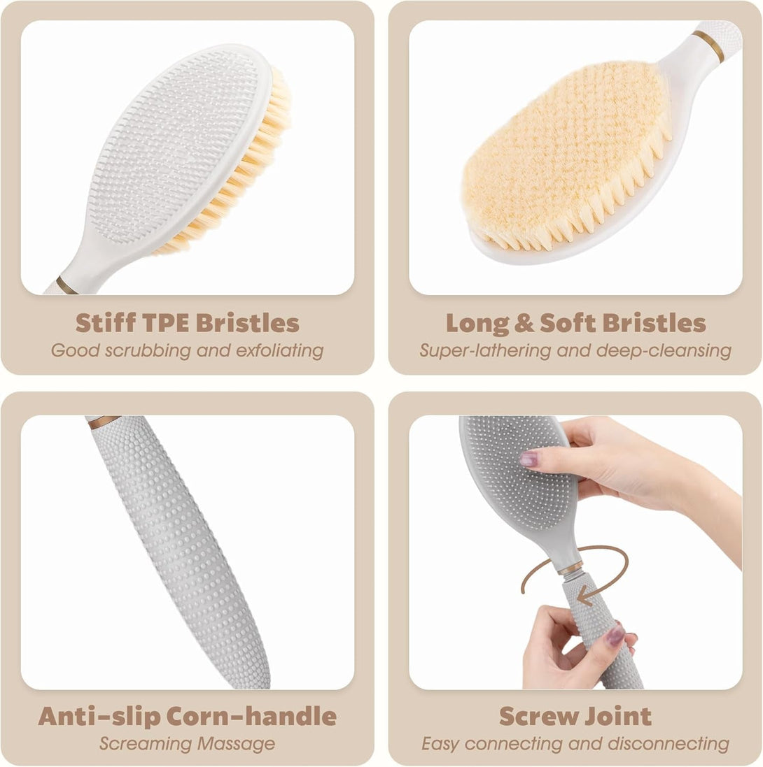 New Back Scrubber Anti-Slip for Shower, 18.9‘’ Corn-Handle Shower Back Scrubber with Dual-Side Head & Soft Bristles, Adjustable Shower Brush Bath Brush for Lathering & Cleansing(Gray-L)