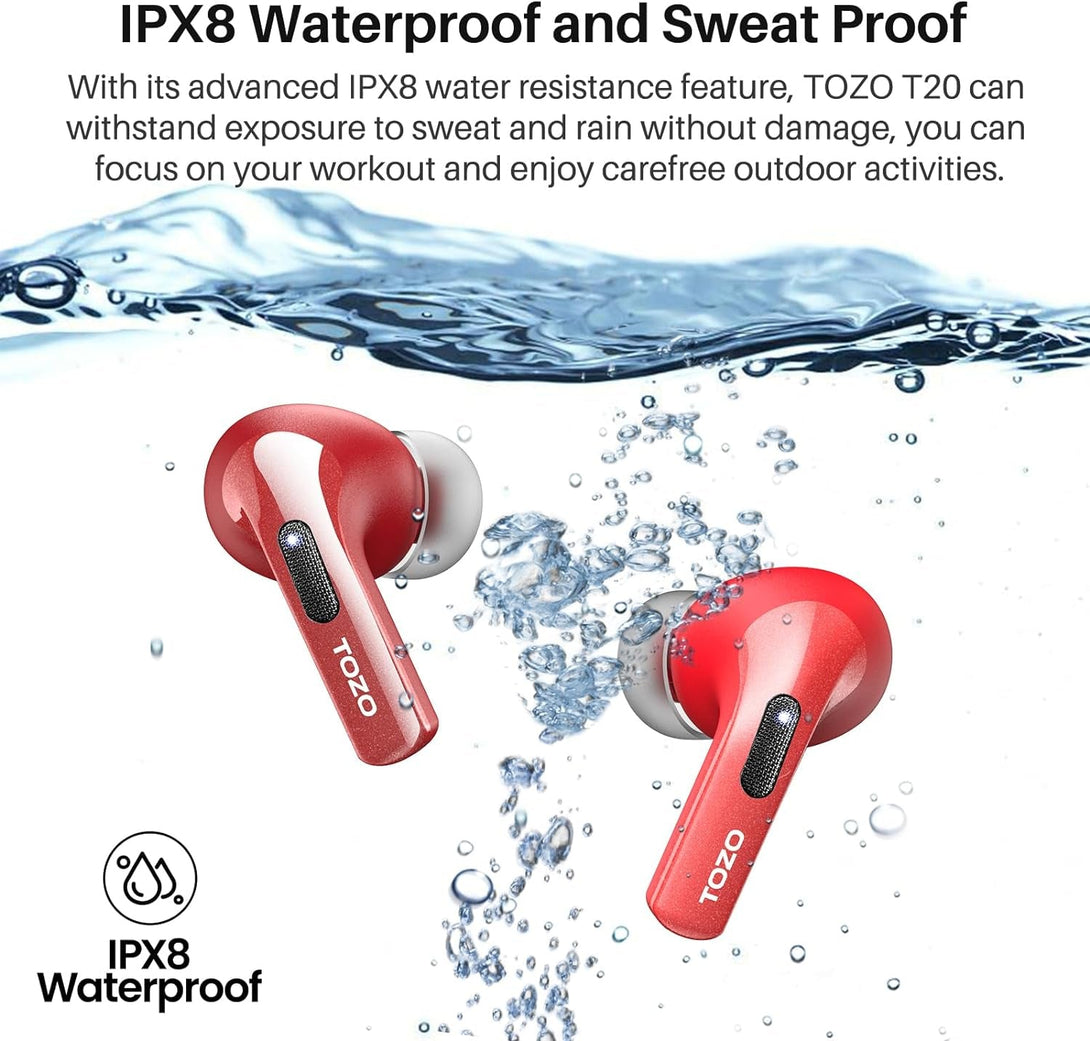 TOZO T20 Wireless Earbuds Bluetooth Headphones 48.5 Hrs Playtime with LED Digital Display, IPX8 Waterproof, Dual Mic Call Noise Cancelling 10Mm Broad Range Speakers with Wireless Charging Case Red