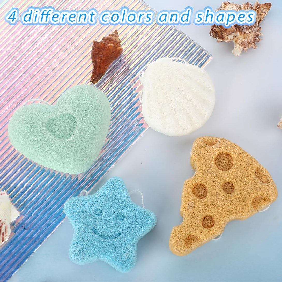 4 Pcs Bath Sponges, Natural Soft Cute Shapes Safe Foam Loofah Plant-Based Lots of Lather Stars Cheese Shape Heart Large Size Shower Body Sponges for Oily Dry Combination Skin Bathing