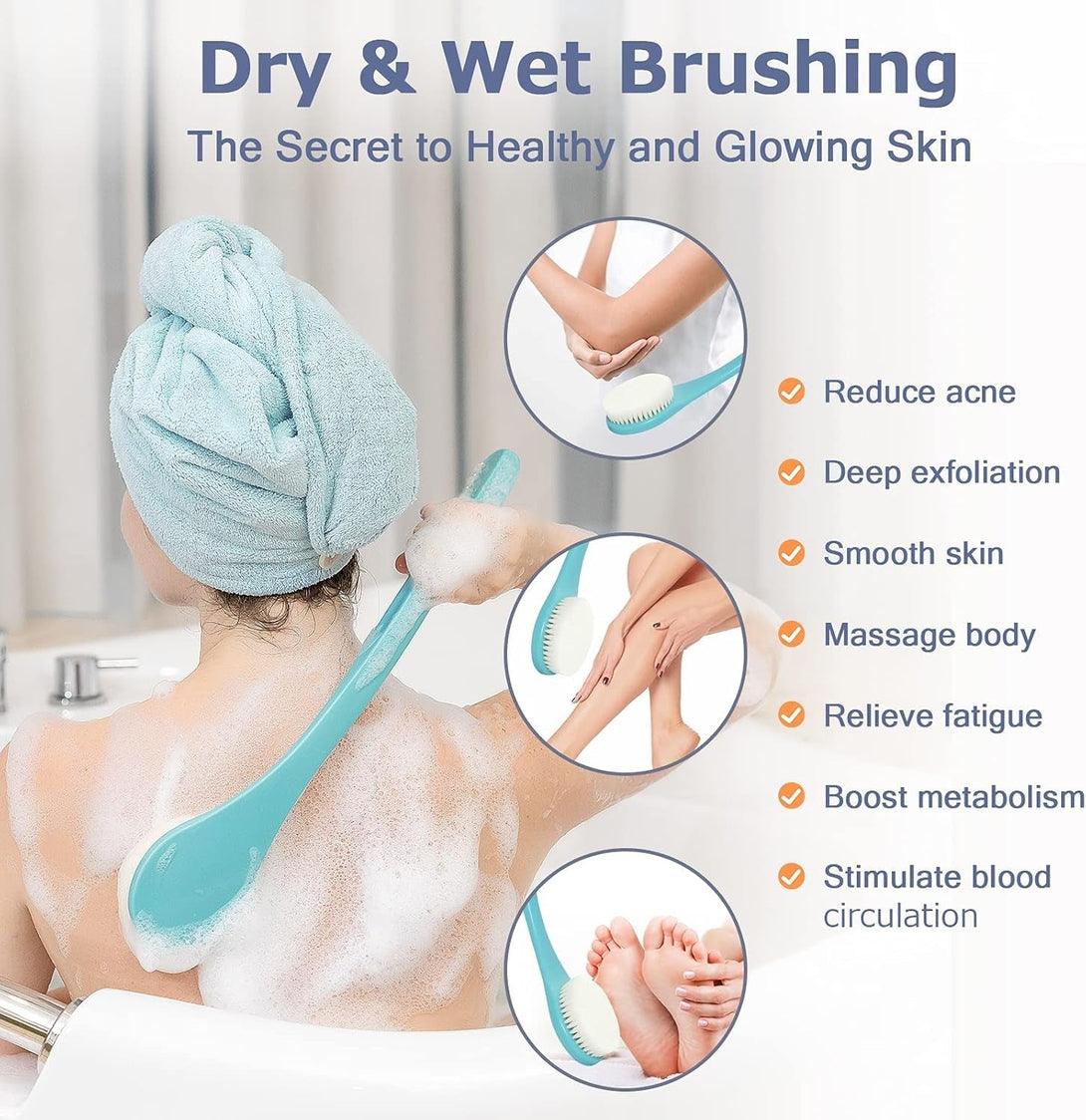 VANZAVANZU Exfoliating Shower Brush Back Scrubbers for Use in Shower, Plastic Bath Brush Long Handle for Shower with Moderate Bristles, Dry or Wet Back Brush for Shower Men Women-Green