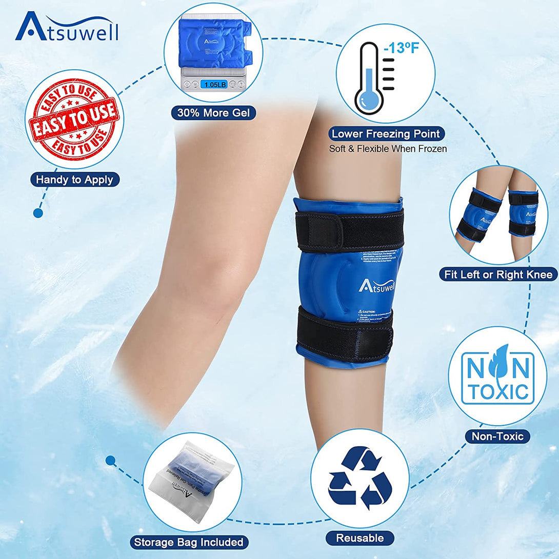 Atsuwell Ice Pack for Knee Pain Relief, Reusable Gel Ice Wraps for Knee Injuries, Swelling, Knee Replacement Surgery, Cold Compress Therapy for Meniscus Tear and ACL Blue