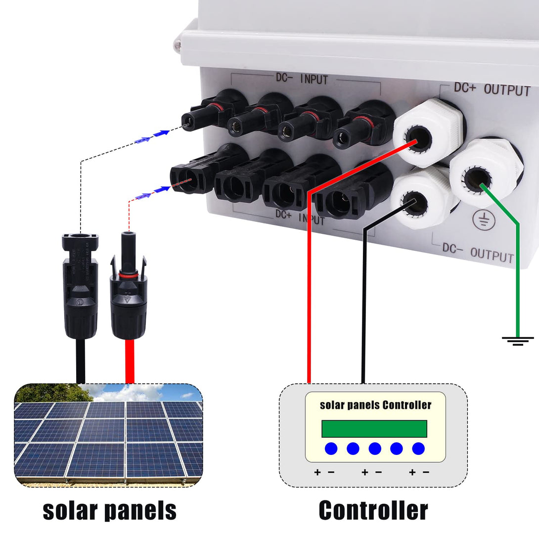 Mankk 4 String PV Combiner Box IP65 Waterproof Solar Combiner Box with 63A Circuit Breaker Lightning Arreste Solar Connector and 15A Rated Current Fuse for On/Off Grid Solar Panel System PV-BOX-4X