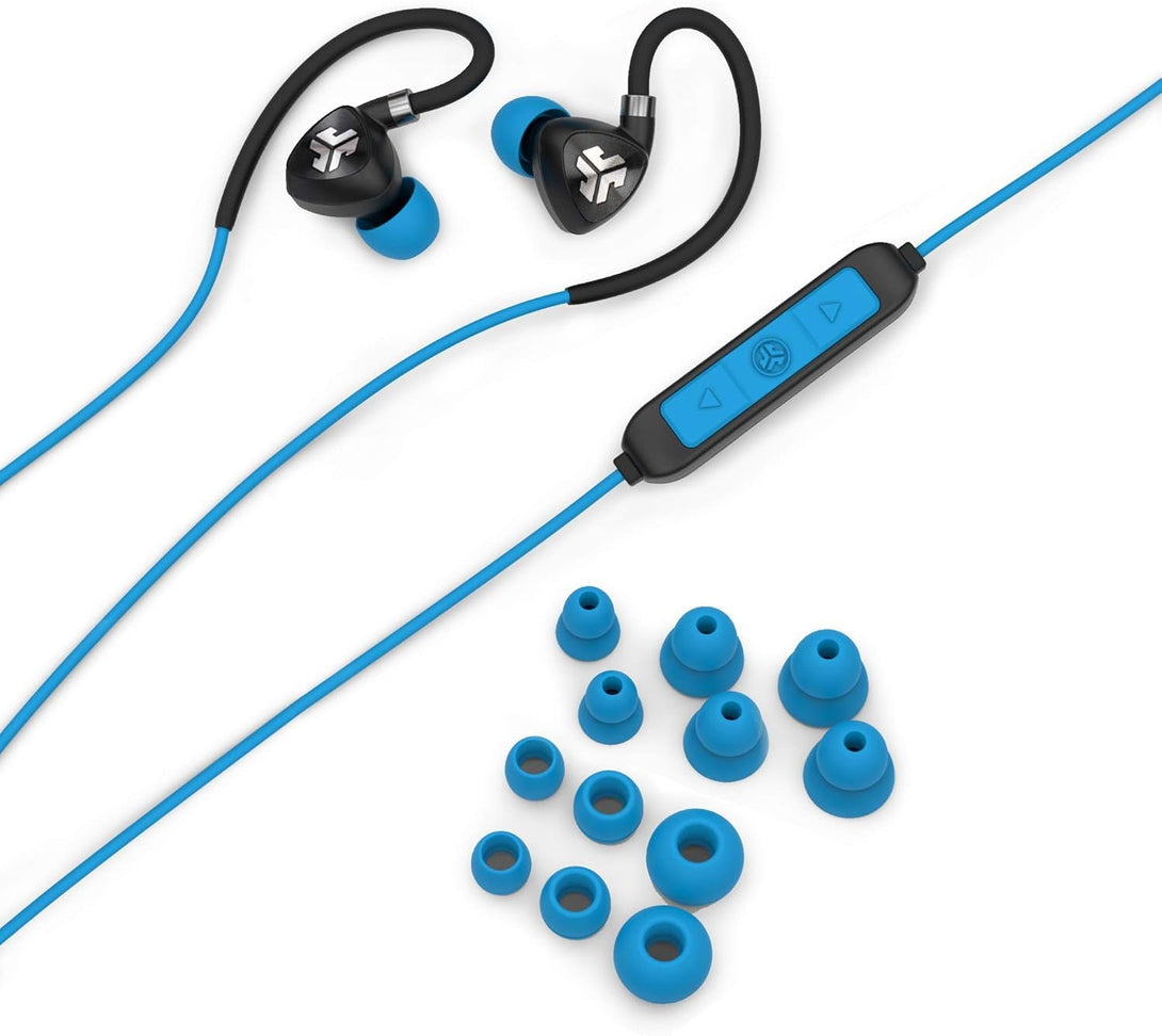 Jlab Fit 2.0 Bluetooth Enabled Wireless Sports Earbuds, Bluetooth 4.1, 10Mm Titanium Drivers, 6 Hour Battery Life, IP55 Sweatproof, Flexible Memory Wire, Blue