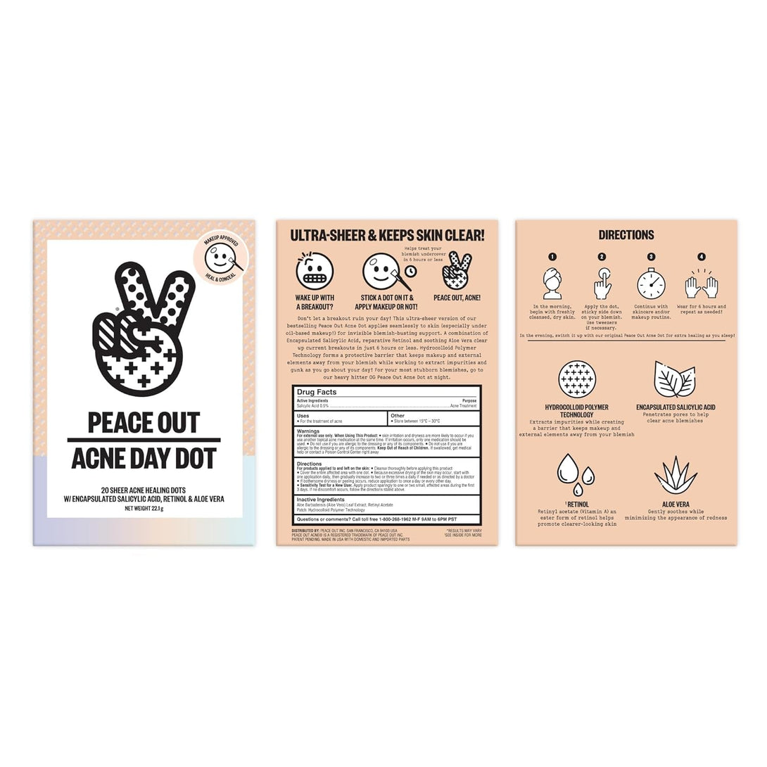 PEACE OUT Acne Day Dot, Sheer Acne Healing Dots, Virtually Invisible Wear, Hydrocolloid Pimple Patches Helps Clear Blemishes Quickly with Encapsulated Salicylic Acid, Retinol & Aloe Vera, 20 Dots