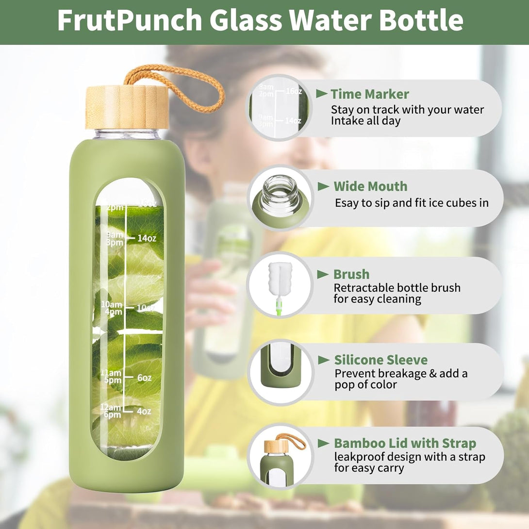 18 OZ Glass Water Bottles, Water Bottle with Time Marker, Leakproof Glass Water Bottles with Silicone Sleeves, Suitable for Offices and Gyms. (Green)