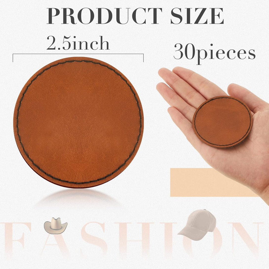 Dunzy 30 Pcs Blank Leather Hat Patches with Adhesive round Laserable Leatherette Patch Faux Leather Patches Glowforge Laser Supplies for Hats, Jackets, Backpacks (Brown)