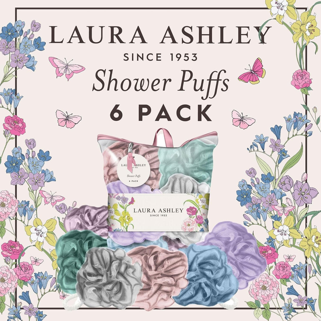 Laura Ashley 6 Pack Loofah for Women - Shower Poufs, Exfoliating & Cleansing Body Scrubbers for Shower with Washable Zip up Bag