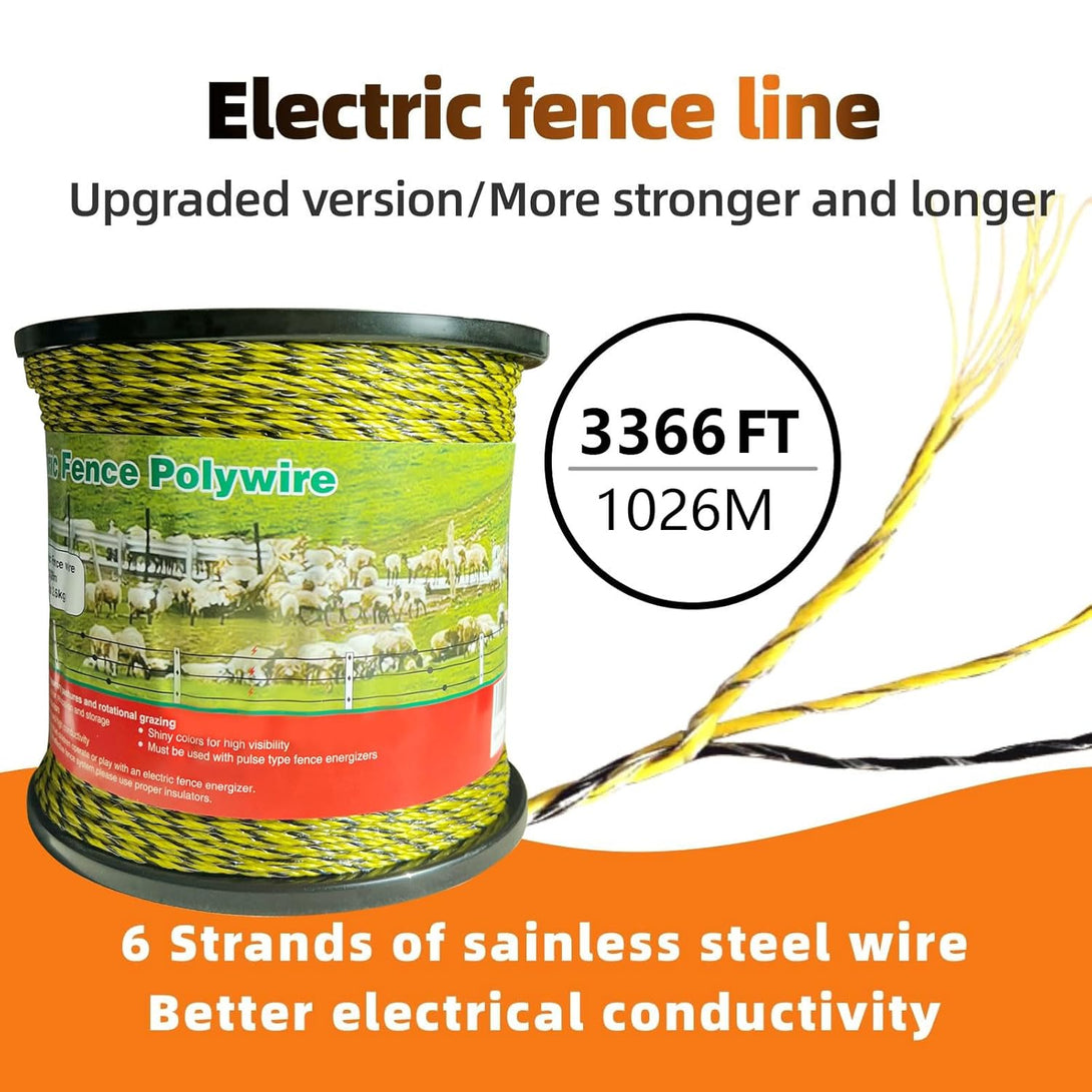 Upgraded Electric Fence Polywire 3366 Feet 1026 Meters, 6 Stainless Steel Strands for Reliable Conductivity and Rust Resistance, Easy to Install,Portable Electric Fencing,Yellow and Black Color