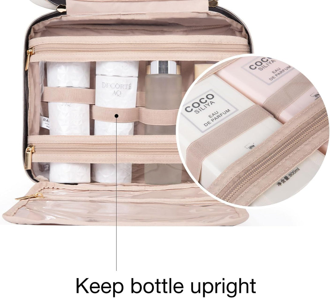 BAGSMART Toiletry Bag Travel Bag with Hanging Hook, Water-Resistant Makeup Cosmetic Bag Travel Organizer for Accessories, Shampoo, Full-Size Container, Toiletries (Camel, Large)