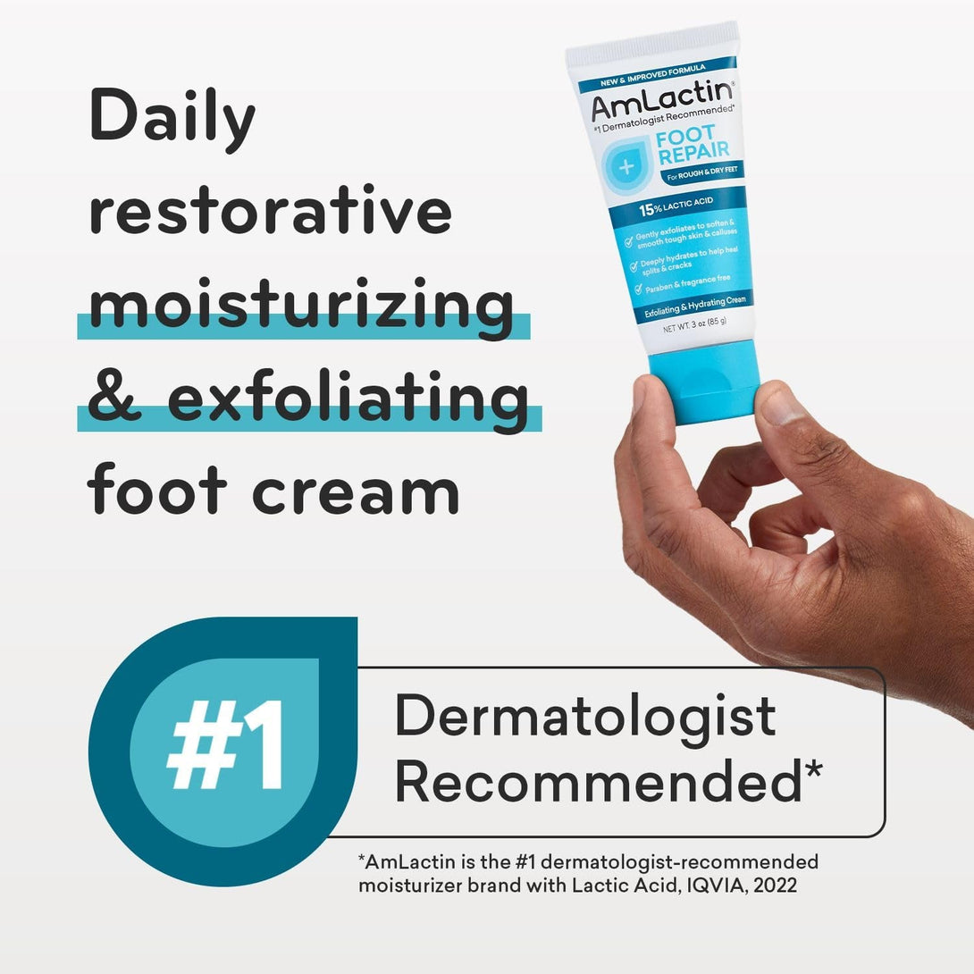 Amlactin Foot Repair Cream - 3 Oz Cream for Dry Cracked Heels with 15% Lactic Acid - Exfoliator and Moisturizer for Dry Skin (Packaging May Vary)