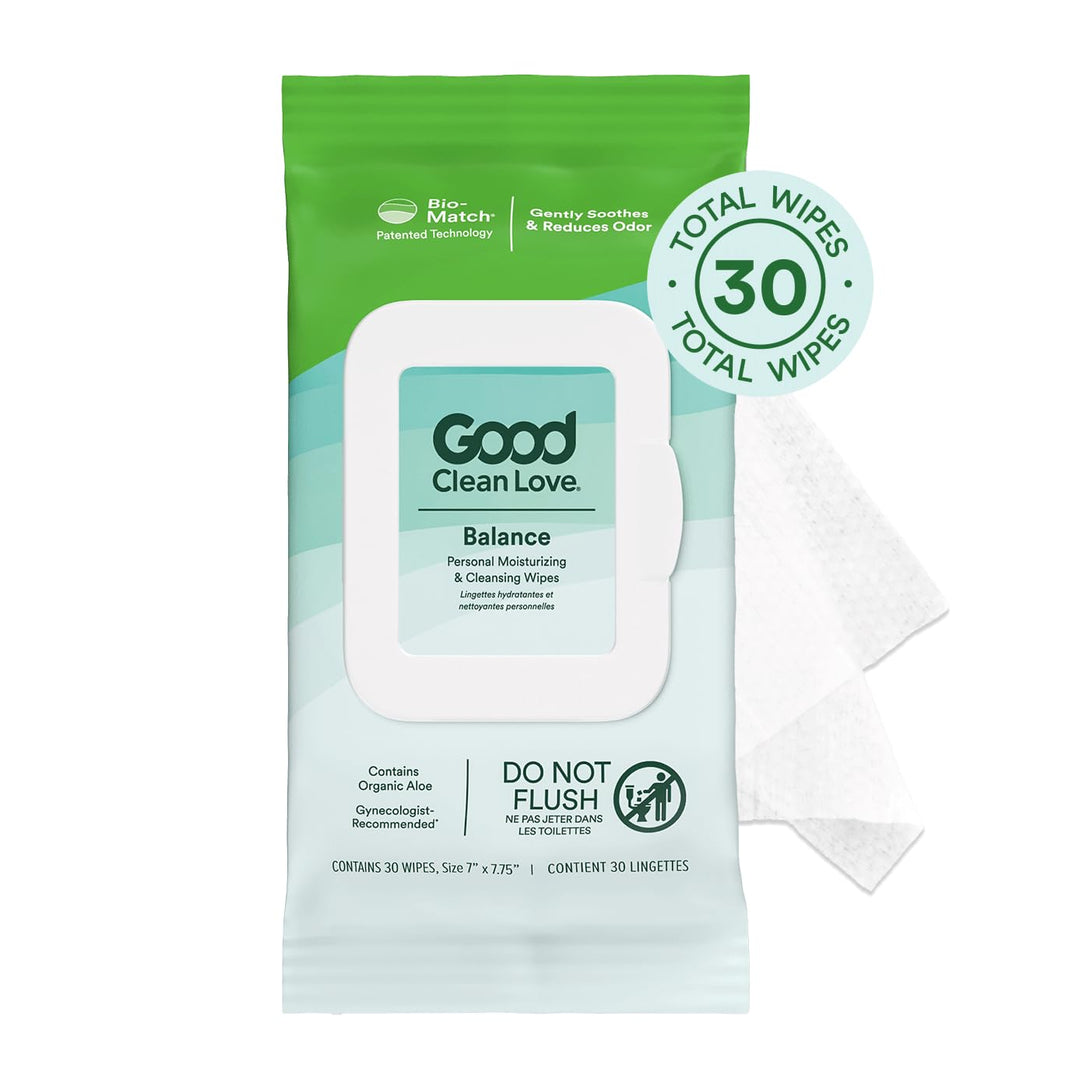 Good Clean Love Balance Feminine Wipes, Supports Vaginal Health Naturally & Reduces Odor, Moisturizing & Cleansing Hygiene Product Made with Aloe, Ph-Balanced Feminine Wipes, 30 Biodegradable Wipes