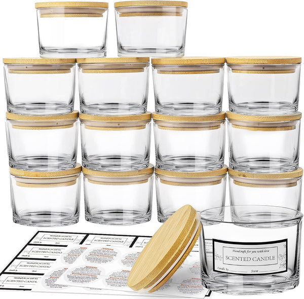 CONNOO 15 Pack 4 OZ Clear Glass Candle Jars with Airtight Bamboo Lids for Making Candles, Bulk Small Wide Mouth Empty Candle Containers with Sticky Warning Labels - Dishwasher Safe