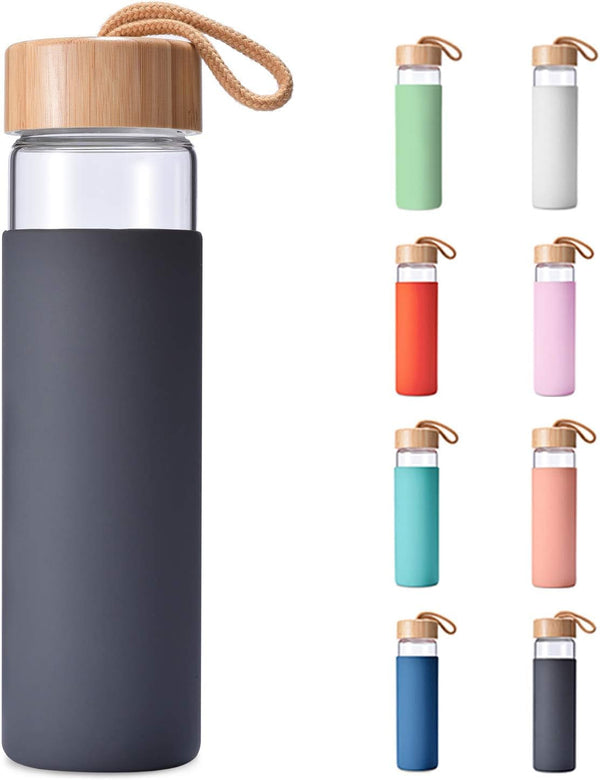 20 Oz Borosilicate Glass Water Bottle with Bamboo Lid and Silicone Sleeve â€“ Reusable BPA Free Drinking Bottle with Lids - Cute Bottle for Women - Glass Shaker Bottle (Charcoal Grey)