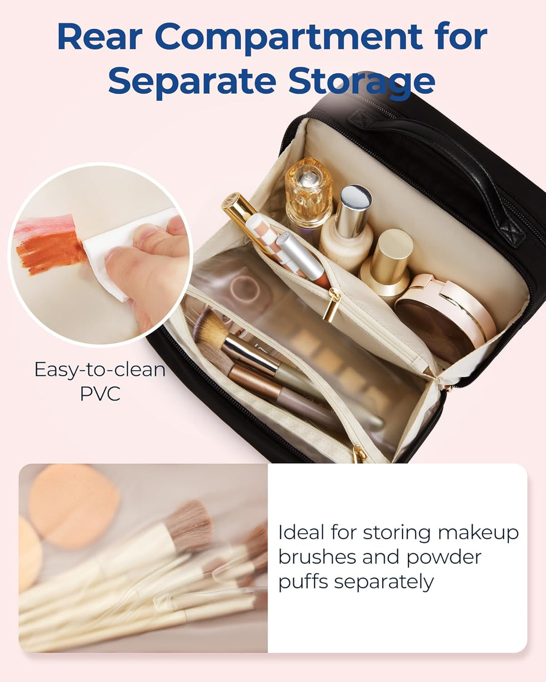 BAGSMART Travel Makeup Bag, Make up Bag with Multiple Compartments for Organizer, Durable & Compact Cosmetic Organizer for Women for Travel Accessories (Black