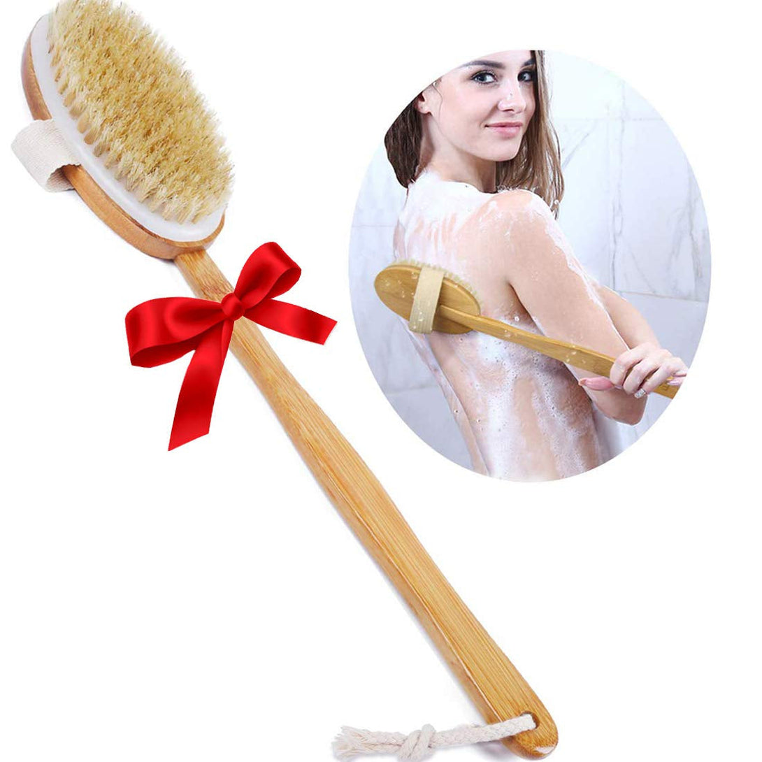 Shower Brush Bath & Dry Skin Body Brushing with Long Bamboo Detachable Hand & Soft Boar Bristle for Back Scrubber