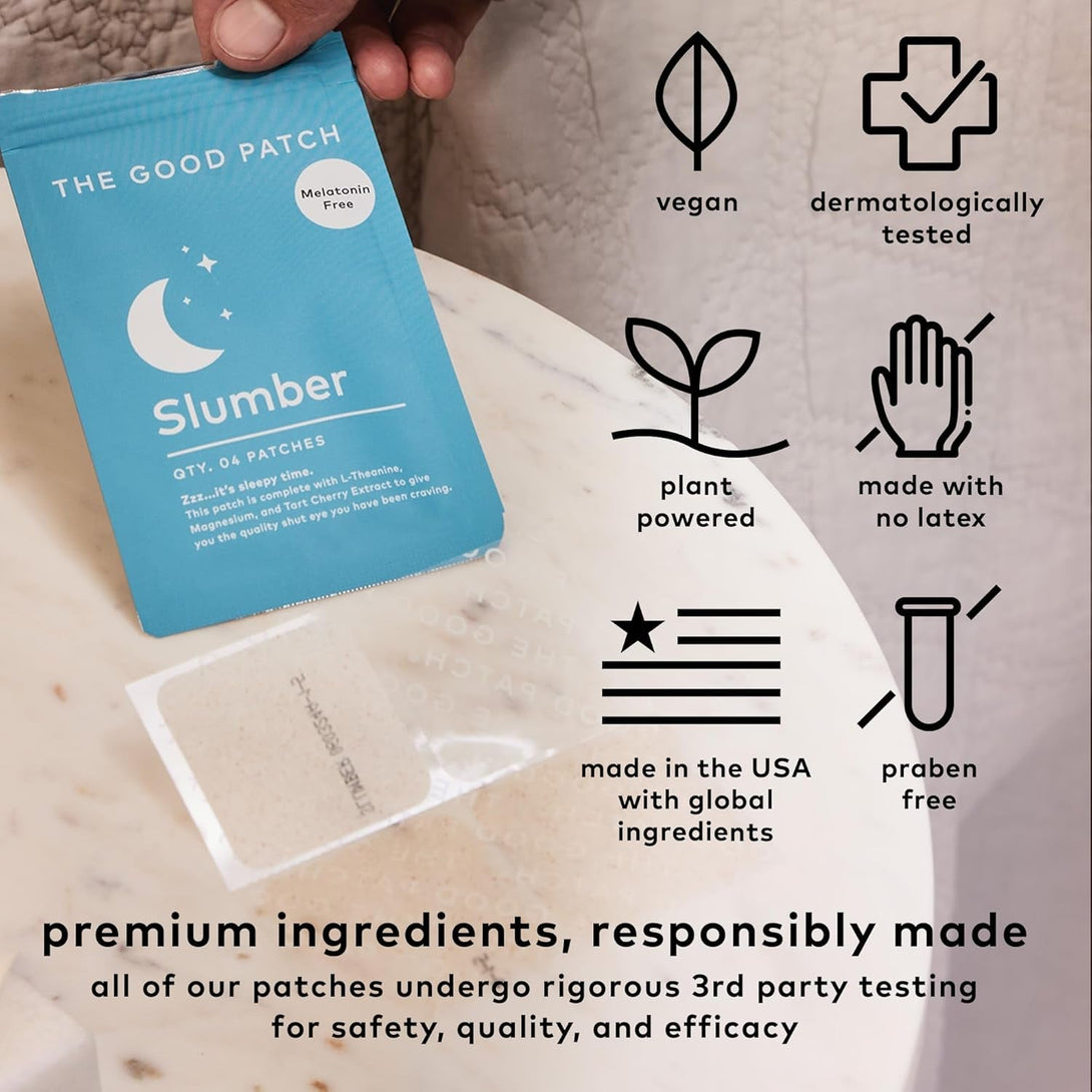 The Good Patch Slumber Sleep Patch Support, Melatonin Free, Sustained Release, Natural Patch with L-Theanine, Magnesium, Tart Cherry Extract, Plant Powered Wearable Wellness (4 Count (Pack of 2))