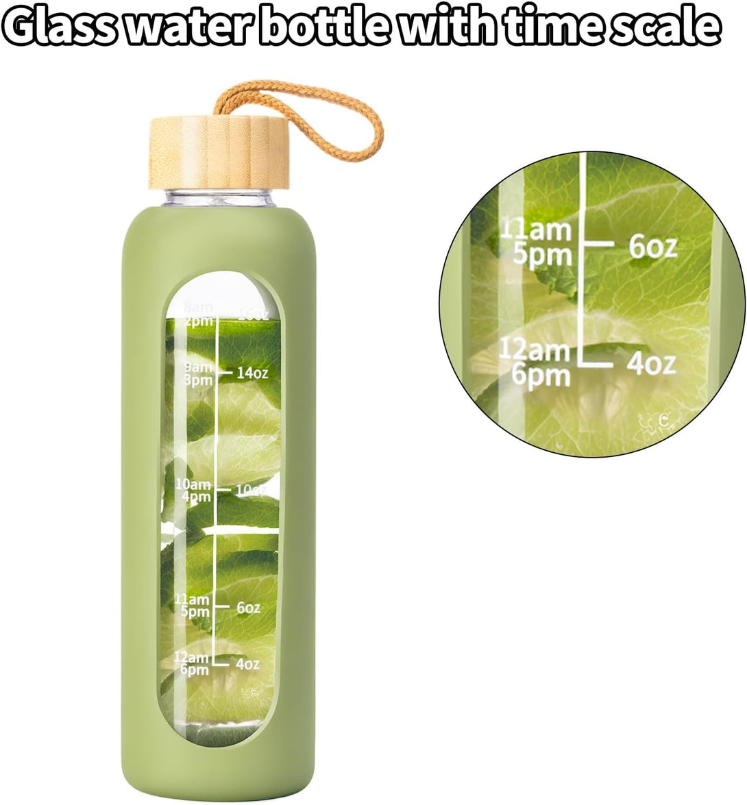 18 OZ Glass Water Bottles, Water Bottle with Time Marker, Leakproof Glass Water Bottles with Silicone Sleeves, Suitable for Offices and Gyms. (Green)