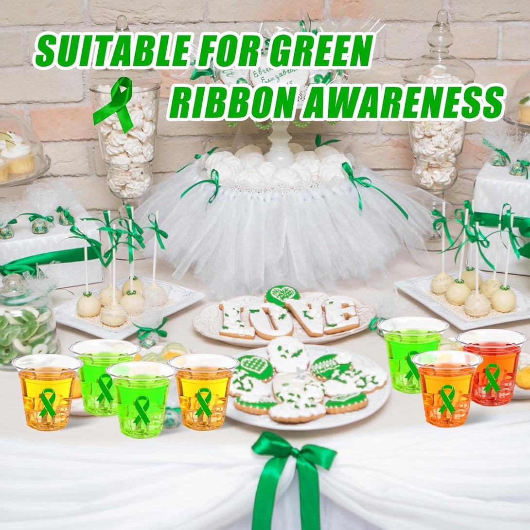 Baderke 50 Pcs Mental Health Awareness Green Ribbon Plastic Cups Bulk Disposable 12Oz Liver Cancer Awareness Plastic Cups for Transplant Bipolar Disorder Environment Issue