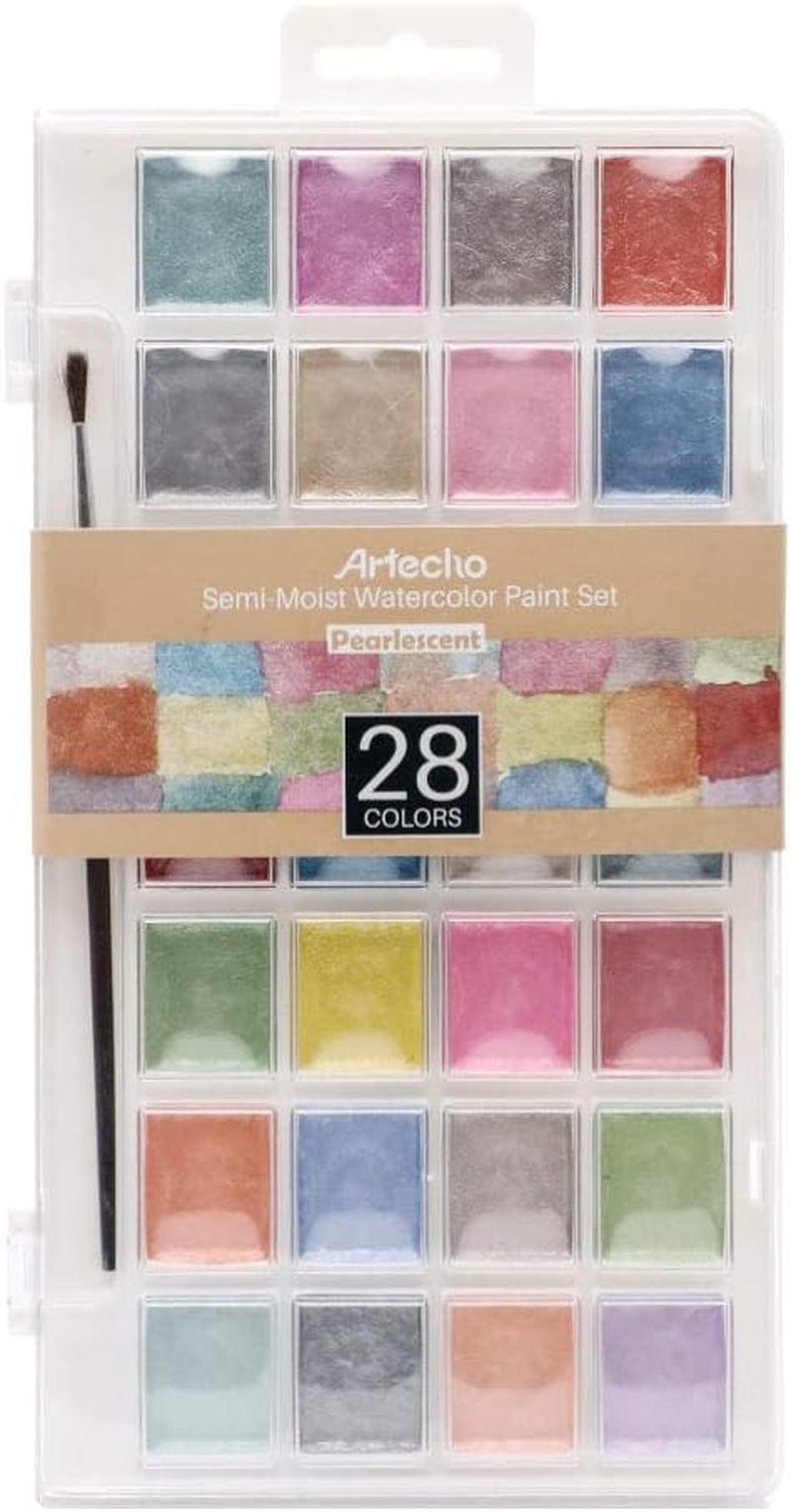 Artecho Watercolor Paint Set, 28 Glitter Metallic Colors, Semi-Moist Pearlescent Water Color, Ideal for Beginners and Artists