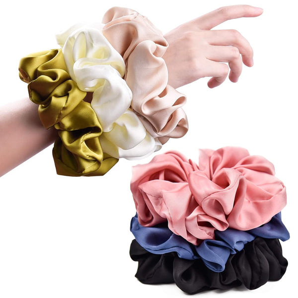 CEELGON Big Real Silk Scrunchies for Women 6.3Inches Large Scrunchie Satin Oversized Silk Thick Elastic Hair Ties Jumbo Hair Scrunchies 6 Pack (Black,White,Pink, Champagne,Navy,Yellow)