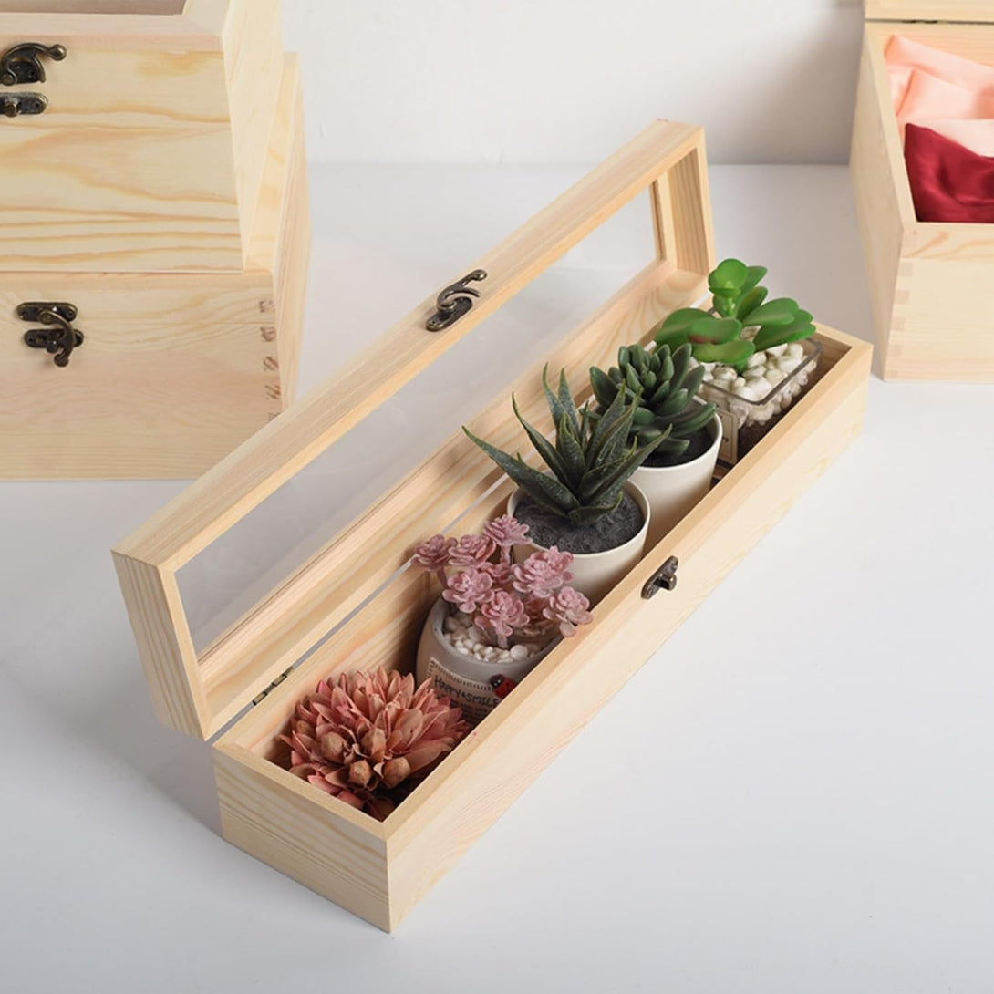 HAN SHENG 11.8''X3.4''X3.2'' Unfinished Wood Gift Box Window Wooden Box with Hinged Lid Tiny Wooden Box for Arts Crafts Birthday Party Favor Jewelry Box