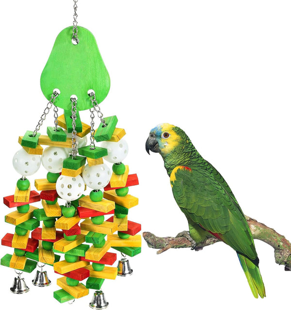 Large Bird Toys, Parrot Toys Gift for Macaws African Grey Amazon Parrots, Chewing Toy for Large Birds with Colorful Wooden Blocks Beads and Crisp Bells (Avocado Style)