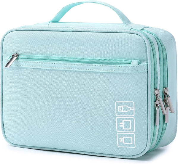 Mygreen Electronics Travel Organizer, Electronic Accessories Case with Handle, Portable Tech Travel Gifts for Men Double Layer Cable Storage Bag for Cord, Charger, Ipad Mini Light Green