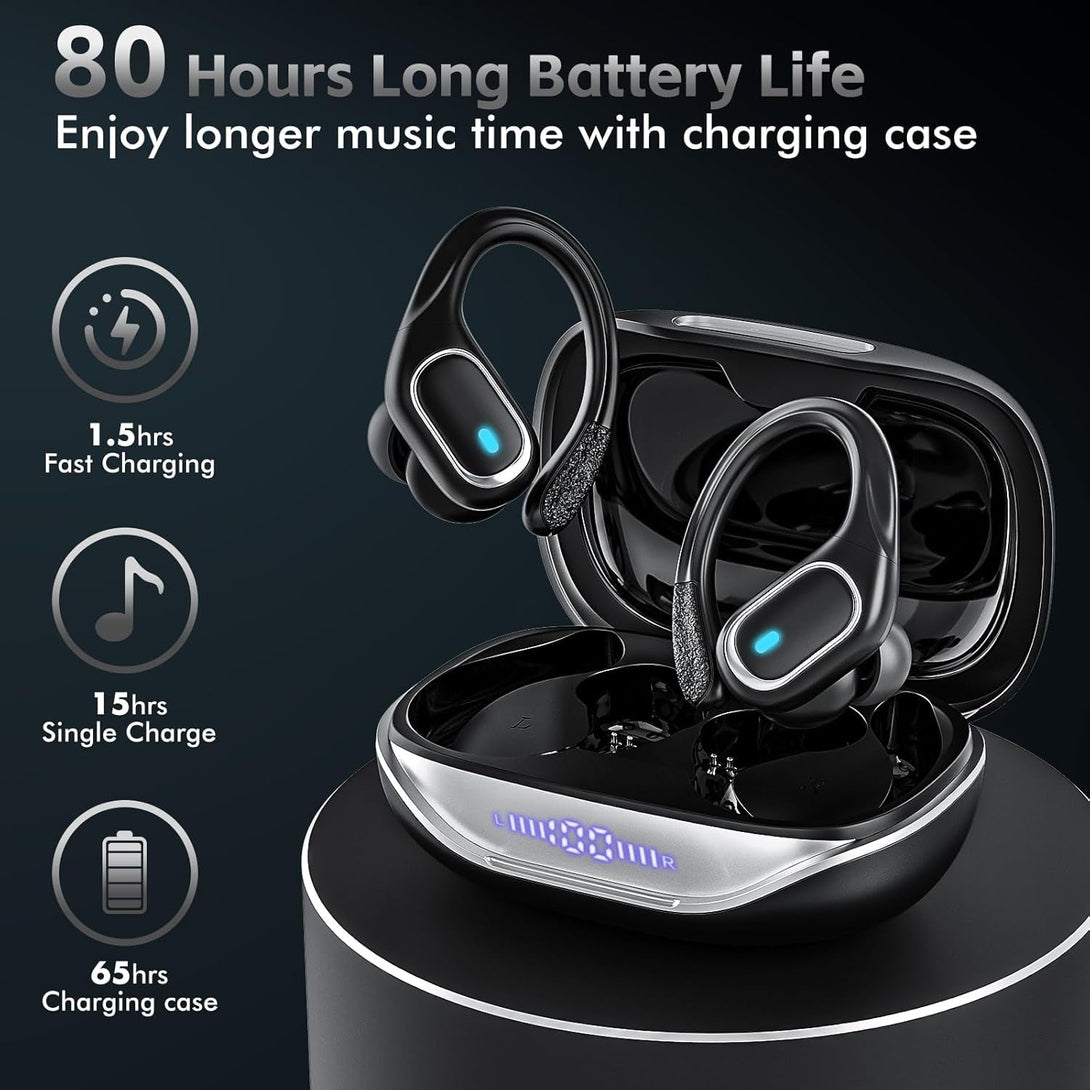 Wireless Earbuds Bluetooth Headphones 80Hrs Playtime Ear Buds IPX7 Waterproof Sports Earphones Wireless Charging Case Over-Ear Earhooks Headest - Black