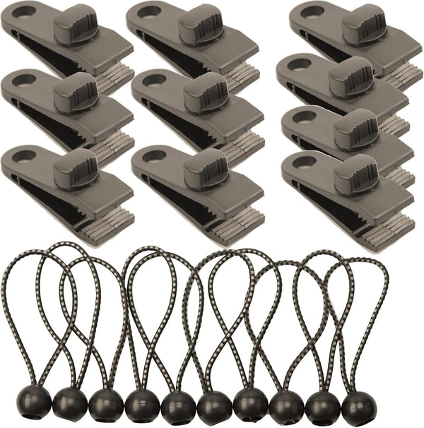 Feggiuzli 10Pcs Tarp Clips Lock Grip with 10Pcs Ball Bungee Cords for Awning Camping, Plastic Tent Clips Tarp Clamps Tent Fastener Clips Linoleum Tent Clip Canvas Clips Tarpaulin Clip Car Cover Clips