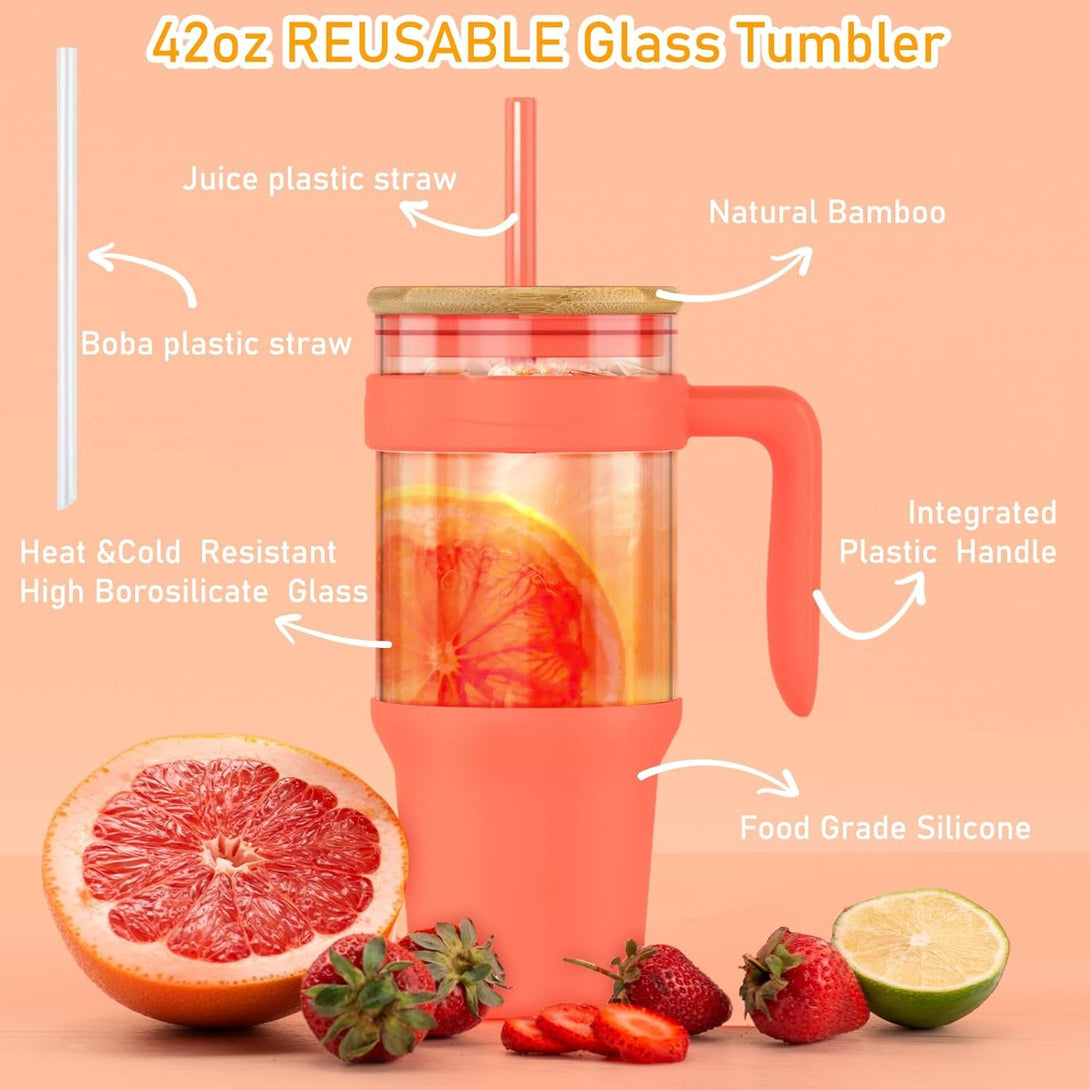 Tronco 40 Oz Glass Tumbler with Straw and Lid, Reusable Glass Tumbler with Handle, Iced Coffee Cup with Bamboo Lid, Glass Water Bottles Fit in Cup Holder, Carbonfree, Lead-Free, Bpa-Free