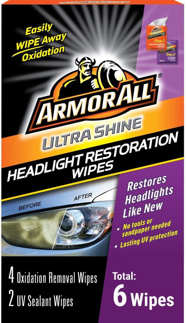 Armor All Car Headlights Cleaner Wipes , Cleaning Wipes for Headlights for Cars, Trucks, Mortocycles, 6 Wipes