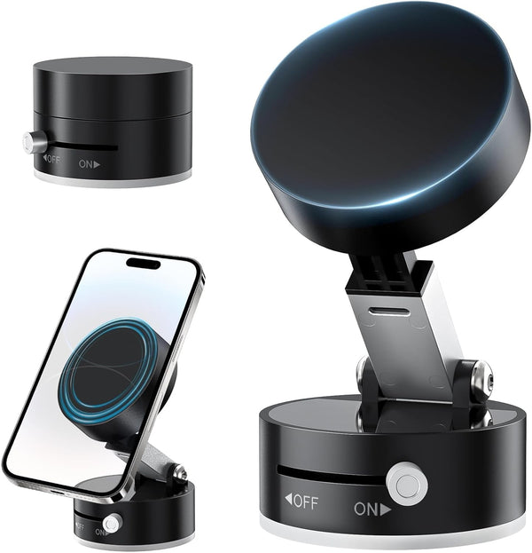 Amoner Vacuum Magnetic Suction Phone Holder, 2025 Upgrade 360° Retractable Suction Cup Phone Mount, Foldable Magnetic Vacuum Phone Holder, Folding Swivel Stand, for Car/Mirror/Gym