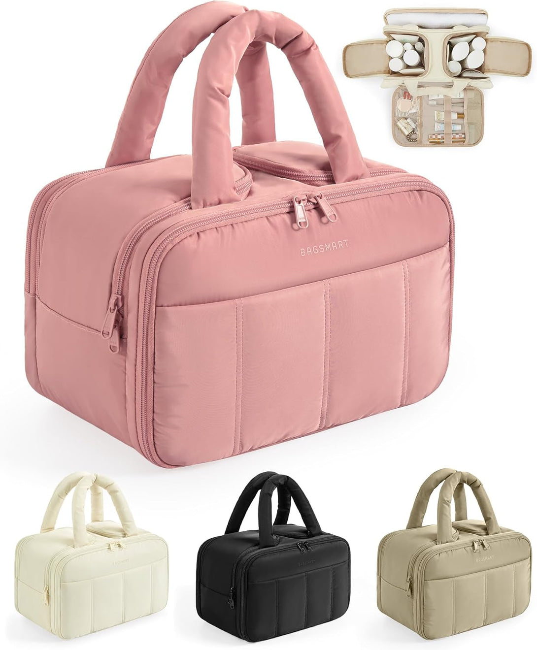 BAGSMART Travel Toiletry Bag, Puffy Large Toiletry Bag for Women, Lightweight Cosmetic Makeup Bag Organizer with Handle for Traveling, Accessories, Essentials, Toiletries （Dark Pink