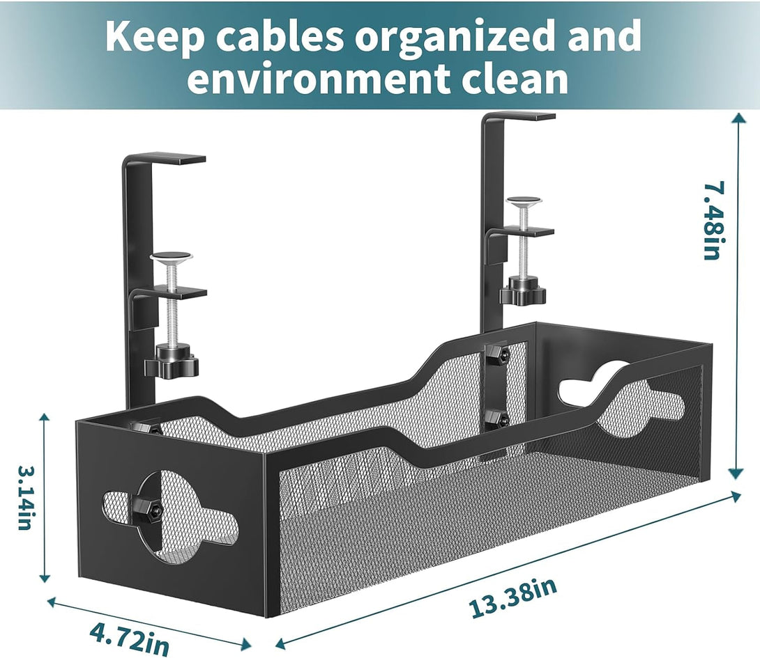 Under Desk Cable Management Tray No Drill, Metal Mesh Cable Management under Desk with Clamp Mount, 2 Hole Cable Tray with Wire Management and Cord Organizer for Home Office Standing Desk