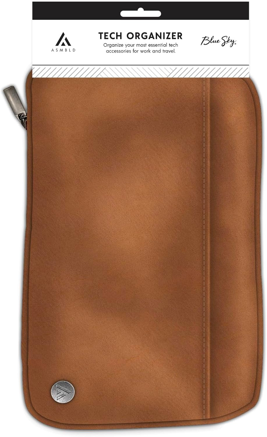 Blue Sky ASMBLD Tech Organizer, 8" X 4.5" X 2", Faux Leather, Non-Dated, Zip Closure, Travel Cable Organizer for Cords, Chargers, and Accessories (Zip Closure, Tan)