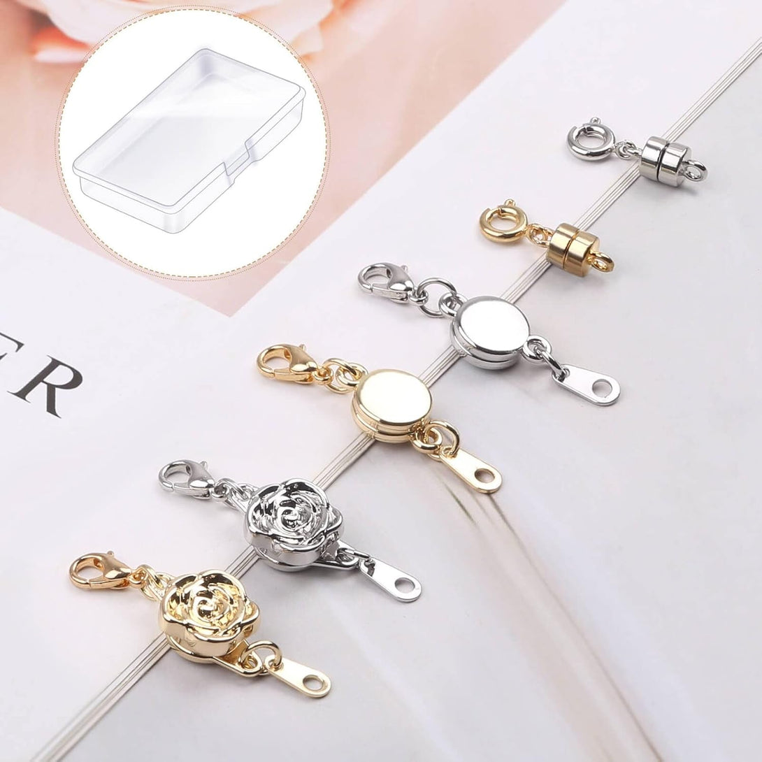 18 Pcs 3 Styles Magnetic Necklace Clasps and Closures, Rose round Cylindrical Jewelry Magnetic Clasp Connector Locking Magnetic Clasp Bracelet Extender for Jewelry Making (Gold, Silver)