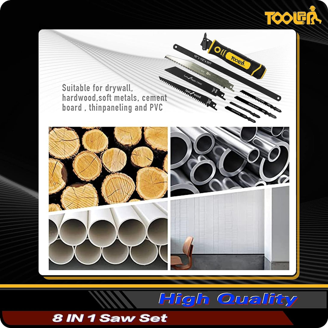 8-In-1 Multi Blades Hand Saw, Drywall Cutter. Hacksaw. Long Blade Hand Saw, Jab Saw, for Cutting Drywall, Sheetrock, Wood, Metel, Plastic, Plywood. Blade Quick Change Mechanism.