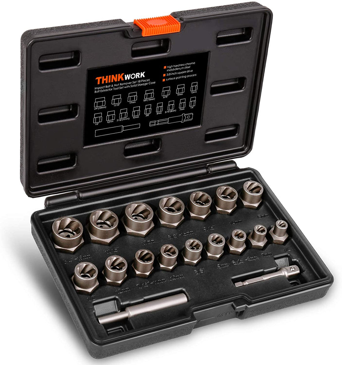 THINKWORK Bolt Extractor Kit, 18 Pieces Bolt Extractor Set, Stripped Bolt Extractor for Removing Damaged, Frozen, Rusted, Rounded-Off Bolts, Nuts & Screws