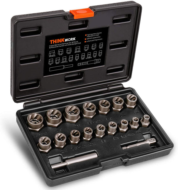 THINKWORK Bolt Extractor Kit, 18 Pieces Bolt Extractor Set, Stripped Bolt Extractor for Removing Damaged, Frozen, Rusted, Rounded-Off Bolts, Nuts & Screws