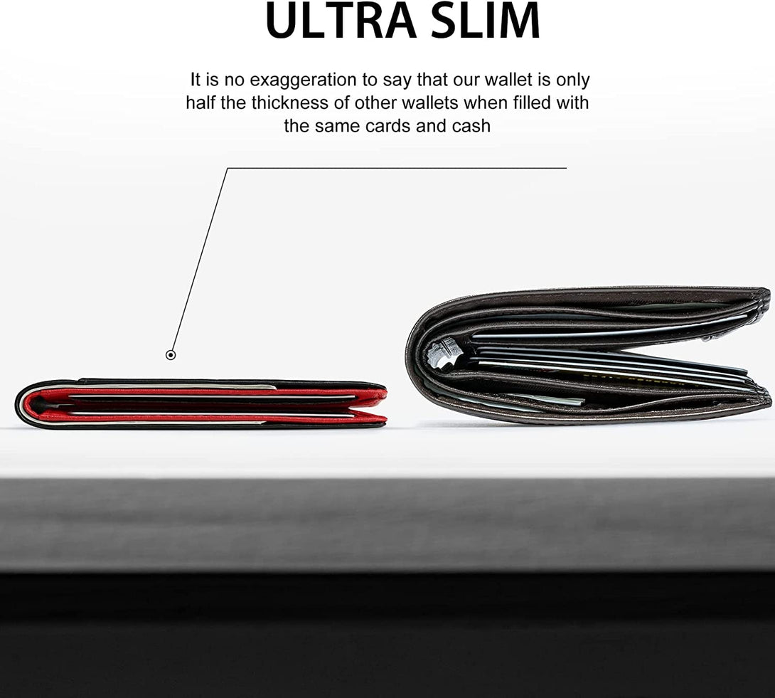 GSOIAX Mens Slim Wallet RFID Blocking Bifold Wallets for Men Minimalist Genuine Leather Carbon Fiber Card Holder Money Clip Thin Mens with Gift Box (Carbon Black and Red)