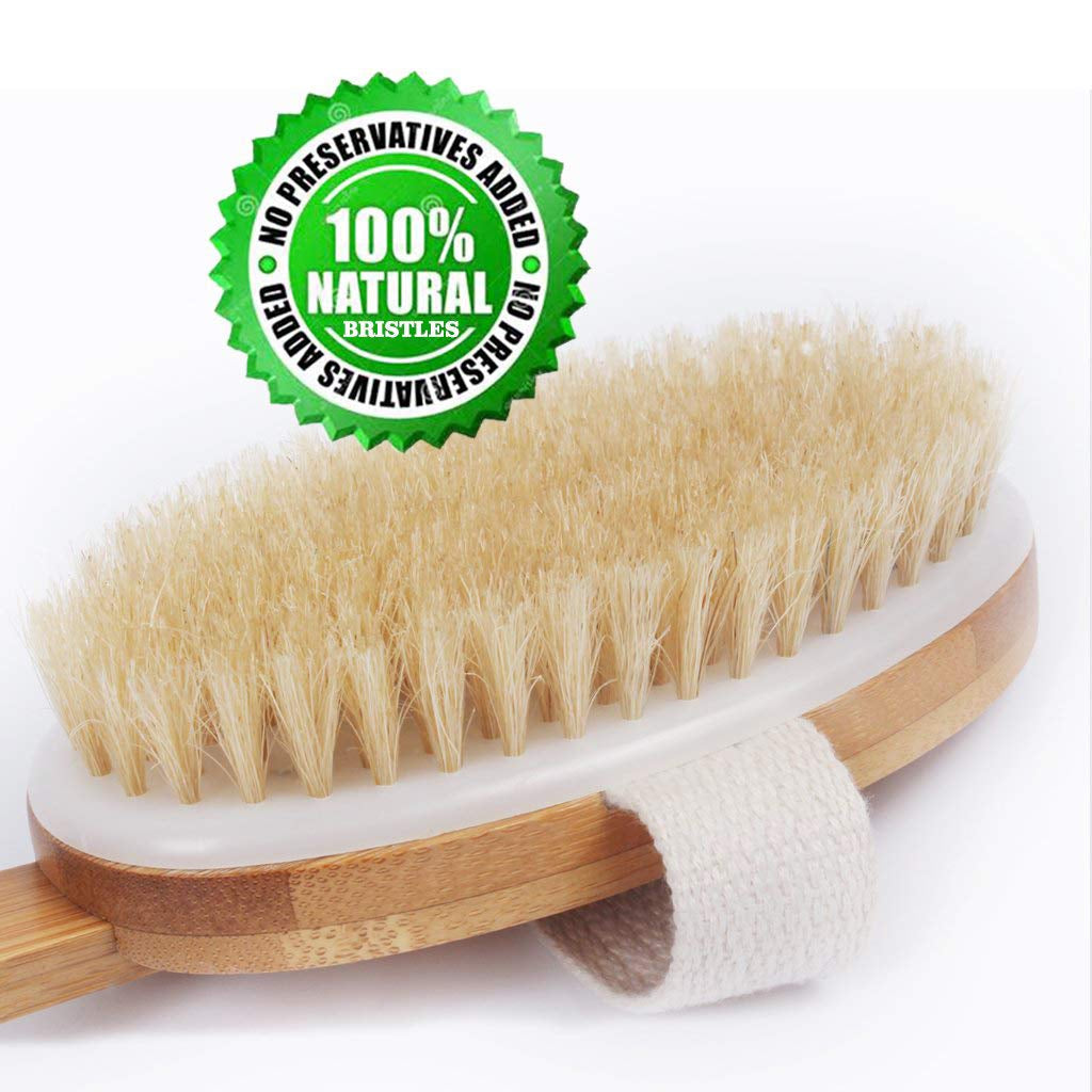 Shower Brush Bath & Dry Skin Body Brushing with Long Bamboo Detachable Hand & Soft Boar Bristle for Back Scrubber