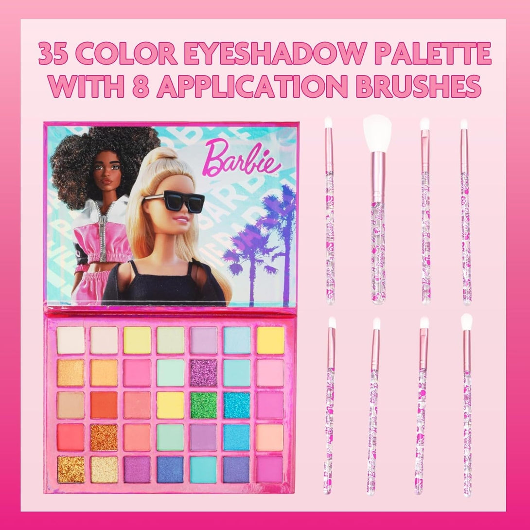Barbie 35-Well Shadow Palette, Shimmery and Opaque Colors, Pigmented Blendable, 8 Application Brushes Ages 8+, Perfect for Parties, Sleepovers & Makeovers, by Townley Girl