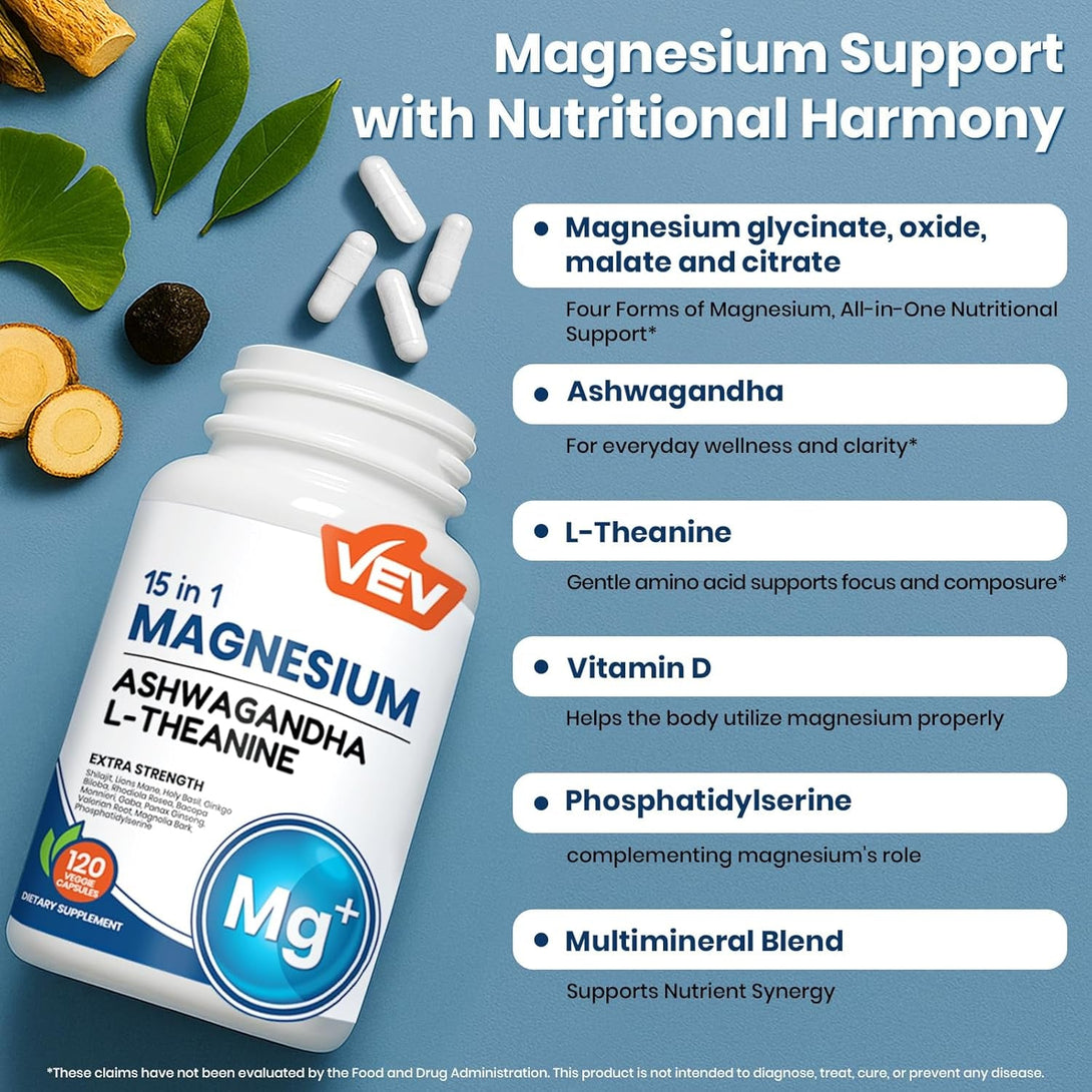 VEV Magnesium Glycinate & Citrate Cortisol Supplements for Women, Stress and Sleep Support with Ashwagandha & L-Theanine, Cortisol Manager, 120 Vegan Capsules