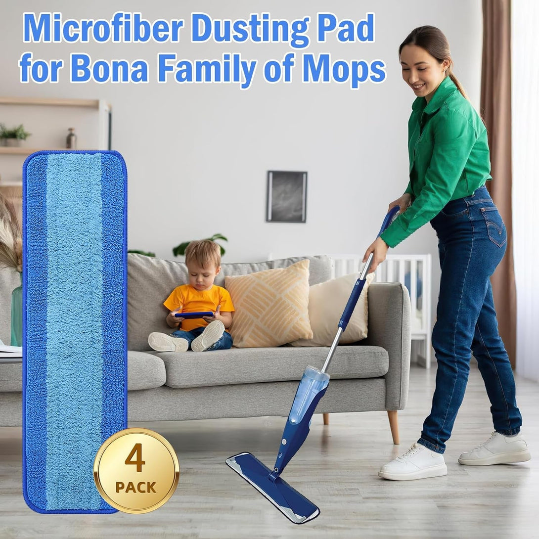 4 Pack Microfiber Cleaning Pad for Bona Mop, Reusable Spray Mop Pads Refills for Multi-Surface Floors, Washable Microfiber Mop Replacement Heads for Hardwood Floors