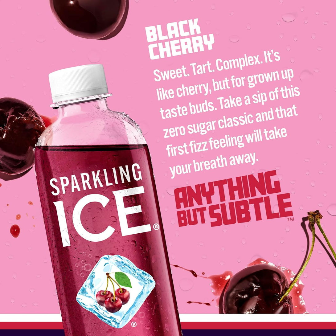 Sparkling Ice, Black Cherry Sparkling Water, Zero Sugar Flavored Water, with Vitamins and Antioxidants, Low Calorie Beverage, 17 Fl Oz Bottles (Pack of 12)