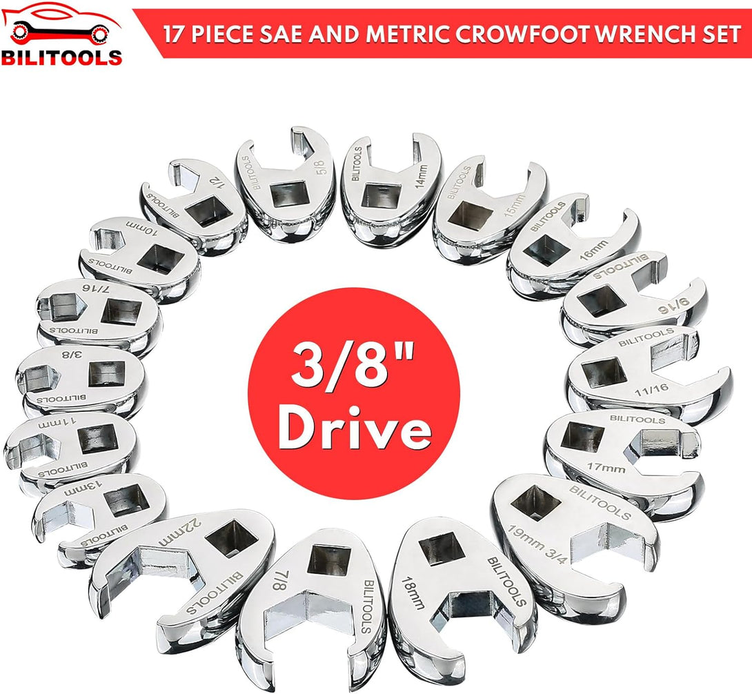 BILITOOLS Crows Foot Wrench Set, 3/8" Drive Crowfoot Flare Nut Cr-V Metric 10-22Mm & SAE 3/8"-7/8" | 17 Piece