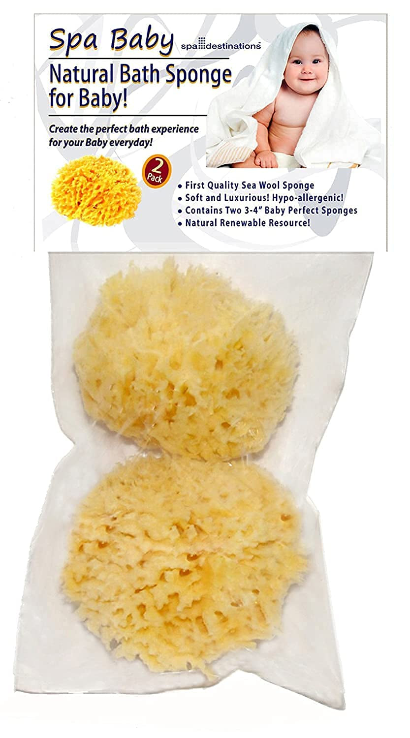 Spa Baby Absorbent Natural Bath Sponge Spa Destinations. Ultra Soft Premium Sea Wool Sponge, Biodegradable, Bath Accessories Baby and Kids, Infant Bath. Two (2) Pack 3-4 Inch for Moms